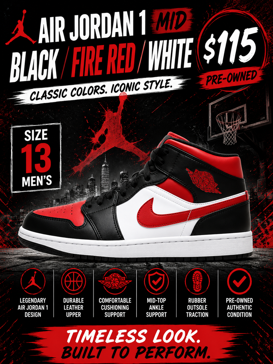 Air Jordan 1 Mid Black / Fire Red / White